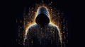 Hooded Hacker Standing in Streaming Digital Code, Cybersecurity Concept, Data Breach, Computer Programming, Network Secu Royalty Free Stock Photo