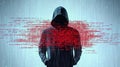 Hooded Hacker Standing in Streaming Digital Code, Cybersecurity Concept, Data Breach, Computer Programming, Network Secu Royalty Free Stock Photo