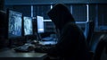 Hooded hacker stealing data from a computer. Dark background. generated by AI Royalty Free Stock Photo