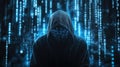 A hooded hacker surrounded by floating holographic code and encrypted data, illuminated by a mysterious blue glow