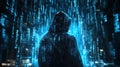 A hooded hacker surrounded by floating holographic code and encrypted data, illuminated by a mysterious blue glow