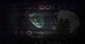 Hooded hacker typing code on laptop in cyber grid showing binary, red circuits, dotted world globe Royalty Free Stock Photo
