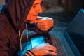 Hooded hacker is typing on a laptop keyboard in a dark room under a neon light. Cybercrime fraud and identity theft Royalty Free Stock Photo