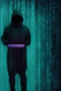 Hooded Hacker using computer for massive data breach attack. Generative Artificial Intelligence Royalty Free Stock Photo