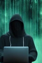 Hooded Hacker using computer for massive data breach attack. Generative Artificial Intelligence Royalty Free Stock Photo