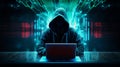 Hooded hacker using laptop on dark background with binary code concept Generative AI Royalty Free Stock Photo