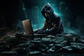 Hooded hacker using laptop to hacking bank system security on the city Royalty Free Stock Photo