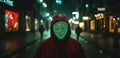 hooded hacker wearing a mask made of glowing digital code, AI generated
