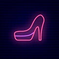 Hooded high heel neon icon. Sexual woman shoe. Night bright signboard. Editable stroke. Isolated vector illustration