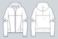 Hooded Jacket technical fashion illustration. Hoodie Sweatshirt fashion flat technical drawing template
