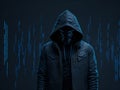 A hooded man in a black jacket in front of a binary code. Royalty Free Stock Photo