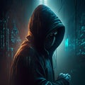 Hooded man in hoodie with binary code on dark background Royalty Free Stock Photo