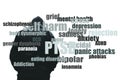 A hooded man looking down and in pain. With a word cloud of mental health issues. On a plain white background