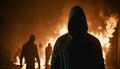 Hooded man. Protests. People silhouettes. Street violence. Street on fire