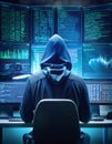A hooded man sits in front of multiple computer screens displaying lines of code and data. Generative AI Royalty Free Stock Photo