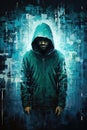 Hooded man wearing a blue hoodie, set against an abstract background, evoking a sense of mystery and intrigue, suggesting the Royalty Free Stock Photo