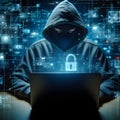 Hooded masked hacker scammer using laptop cyber security breach