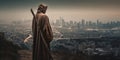 A hooded monk looking towards a modern city skyline Royalty Free Stock Photo