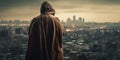 A hooded monk looking towards a modern city skyline Royalty Free Stock Photo