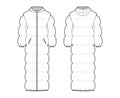 Hooded puffer quilted shell down coat jacket technical fashion illustration with long sleeves, zip-up closure, oversized