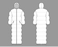 Hooded puffer quilted shell down coat jacket technical fashion illustration with long sleeves, zip-up closure, oversized