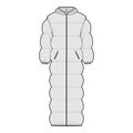 Hooded puffer quilted shell down coat jacket technical fashion illustration with long sleeves, zip-up closure, oversized