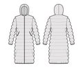 Hooded quilted shell down coat jacket puffer technical fashion illustration with long sleeve, knee length, oversized