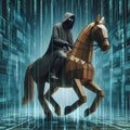 Hooded scammer riding Trojan horse in digital matrix technology space