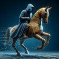 Hooded scammer riding Trojan horse in digital matrix technology space