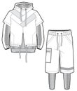 Hooded sports jacket with elements cut of airy mesh and two-in-one long shorts.