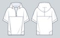 Hooded T-Shirt technical fashion illustration. Hoodie Sweatshirt fashion flat technical drawing template