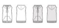 Hooded vest puffer waistcoat technical fashion illustration with sleeveless, kangaroo pouch, zip-up closure, oversized Royalty Free Stock Photo