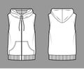 Hooded vest puffer waistcoat technical fashion illustration with sleeveless, kangaroo pouch, zip-up closure, oversized Royalty Free Stock Photo