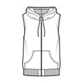 Hooded vest puffer waistcoat technical fashion illustration with sleeveless, kangaroo pouch, zip-up closure, oversized Royalty Free Stock Photo