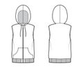 Hooded vest puffer waistcoat technical fashion illustration with sleeveless, kangaroo pouch, zip-up closure, oversized