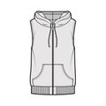 Hooded vest puffer waistcoat technical fashion illustration with sleeveless, kangaroo pouch, zip-up closure, oversized Royalty Free Stock Photo