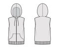 Hooded vest puffer waistcoat technical fashion illustration with sleeveless, kangaroo pouch, zip-up closure, oversized Royalty Free Stock Photo