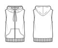 Hooded vest puffer waistcoat technical fashion illustration with sleeveless, kangaroo pouch, zip-up closure, oversized