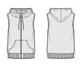 Hooded vest puffer waistcoat technical fashion illustration with sleeveless, kangaroo pouch, zip-up closure, oversized Royalty Free Stock Photo