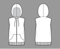 Hooded vest puffer waistcoat technical fashion illustration with sleeveless, kangaroo pouch, zip-up closure, oversized Royalty Free Stock Photo