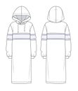 Hoodie Dress fashion flat sketch template with long sleeves, rib cuff oversized body. Girl\'s Hooded Dress flat