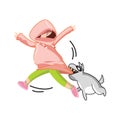 hoodie girl attacked by dog. Vector illustration decorative design