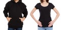 Hoodie and t-shirt mock up front view isolated copy space. Man in black hoody and woman in black t shirt Royalty Free Stock Photo