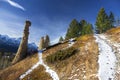 Hoodoo Rock Formations Landscape and Snowy Hiking Path in Montane Forest, Alberta Foothills of Canadian Rocky Mountains Royalty Free Stock Photo