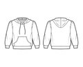 Hoody sweatshirt technical fashion illustration with elbow sleeves, relax body, kangaroo pouch, banded hem, drawstring.