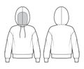 Hoody sweatshirt technical fashion illustration with long sleeves, oversized body, banded hem, drawstring. Flat medium