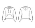 Hoody sweatshirt technical fashion illustration with long sleeves, oversized body, kangaroo pouch, banded hem