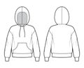 Hoody sweatshirt technical fashion illustration with long sleeves, oversized body, kangaroo pouch, drawstring. Flat