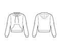 Hoody sweatshirt technical fashion illustration with long sleeves, relax body, kangaroo pouch, banded hem, drawstring