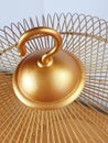 Hook of gold tall metal bird cage close-up on red table Royalty Free Stock Photo